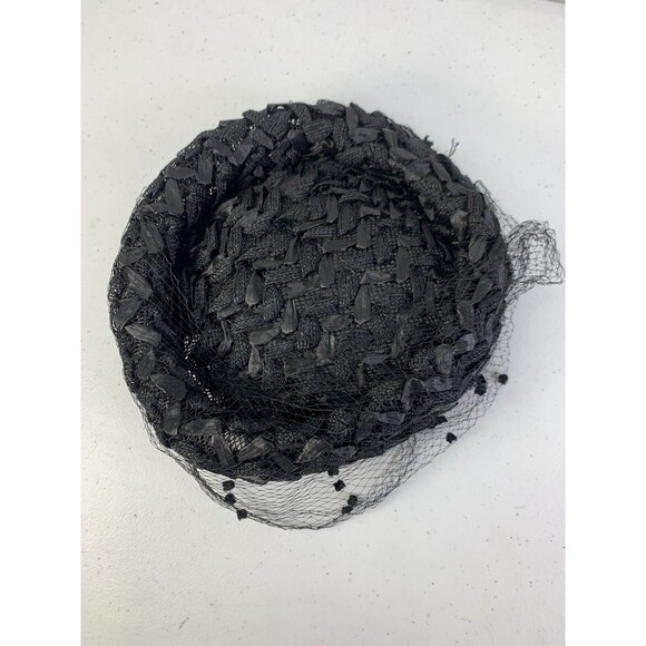 Vintage 60s 50s Dayne Fascinator Hat Union USA Black Straw Classy Jackie Kennedy - Picture 7 of 13